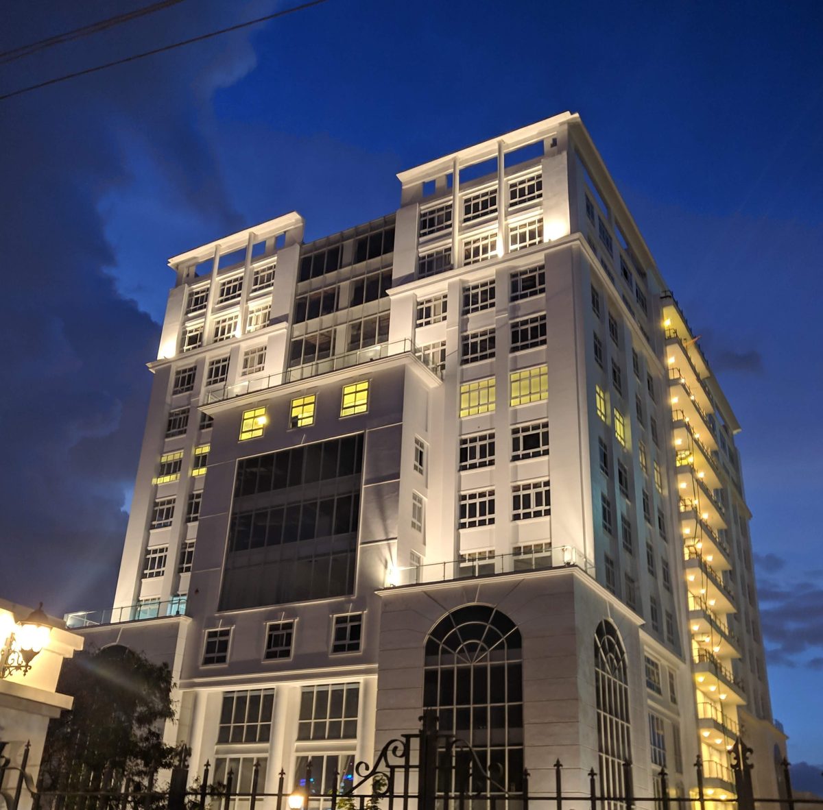 Sakti Statesman at dusk, the office building on Outer Ring Road where BLS Software works from the 7th floor